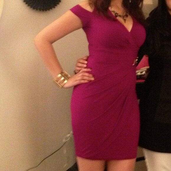 Cache Cold Shoulder Draped Dress XS Petite Form Fitting Stretch Cocktail Gold - Picture 5 of 7